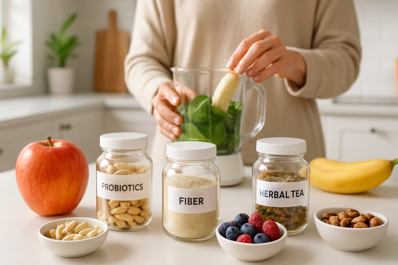 keep bowel regularity - Preventive Medicine Daily A kitchen countertop with supplements, fresh fruits, a glass of water, and hands preparing a healthy smoothie.