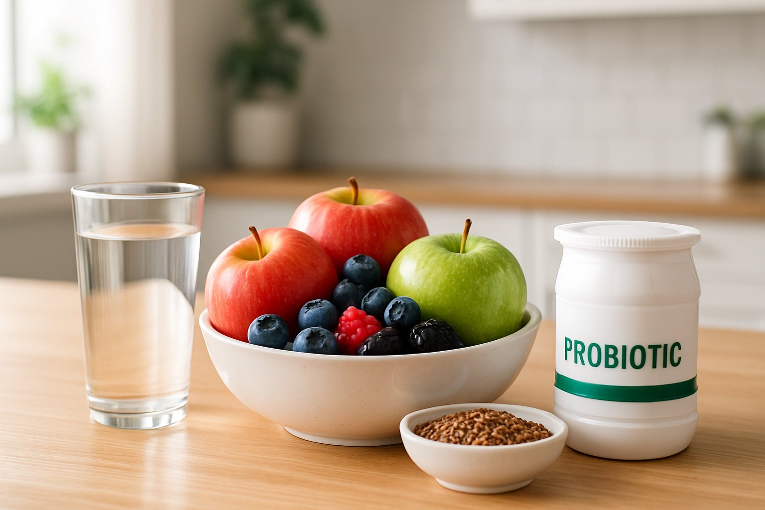 v2-1350ci-4ai77 - Preventive Medicine Daily A kitchen countertop with a glass of water, bowl of fruits, flaxseeds, and yogurt arranged on a wooden surface.
