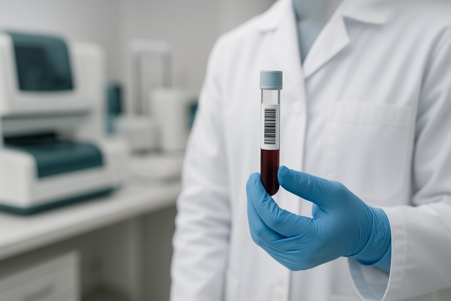 v2-135392-qq1er - Preventive Medicine Daily A lab technician holding a blood sample tube in a modern medical laboratory with testing equipment in the background.