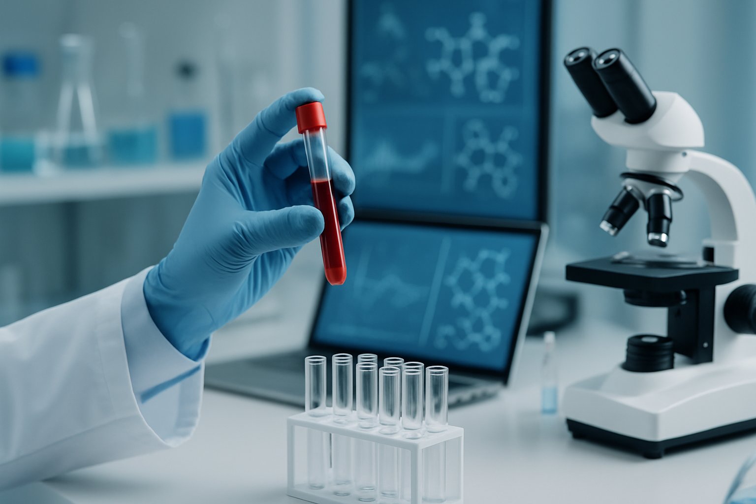 v2-1353ah-0og6v - Preventive Medicine Daily A scientist examining a blood sample in a laboratory surrounded by scientific equipment and charts.