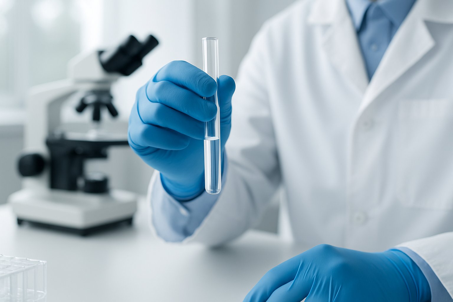 v2-1353bj-h6daq - Preventive Medicine Daily A scientist in a lab coat holding a test tube in a medical laboratory with scientific equipment in the background.