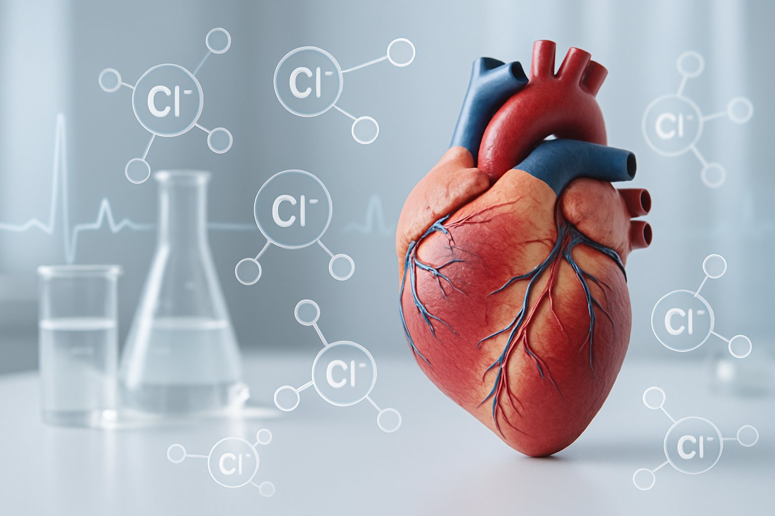 Close-up of a human heart model with molecular symbols and an ECG waveform in a medical laboratory setting.