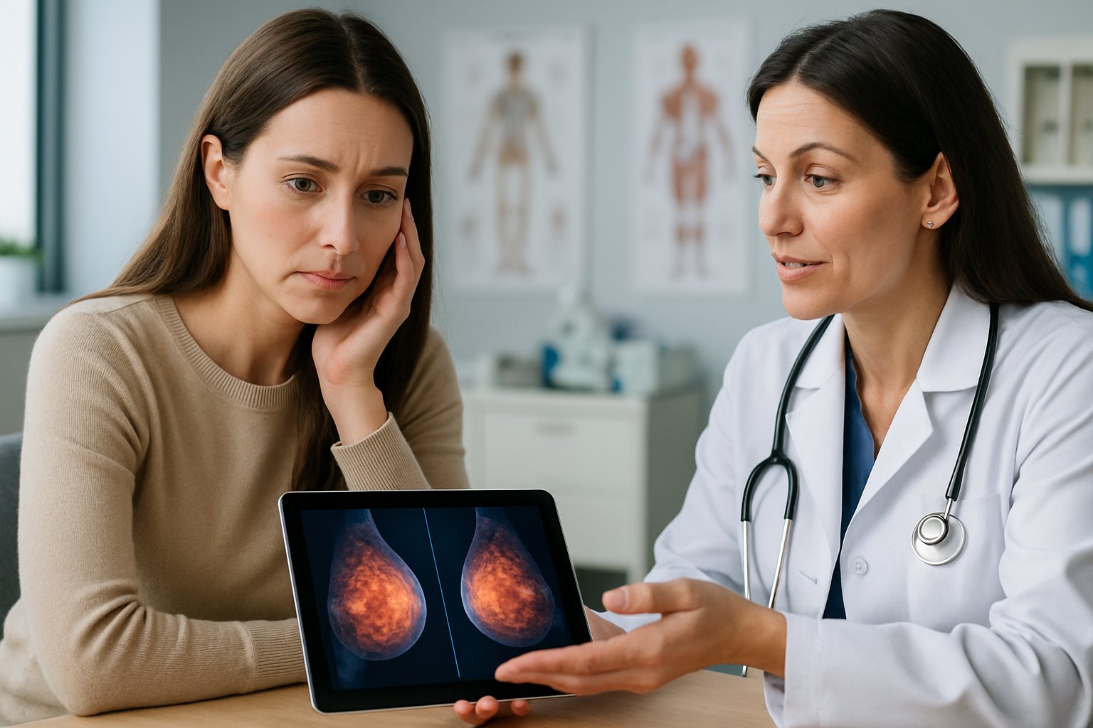 v2-13568t-3wlfg - Preventive Medicine Daily A woman talking with a female doctor in a medical office, looking concerned while the doctor explains something using a tablet.