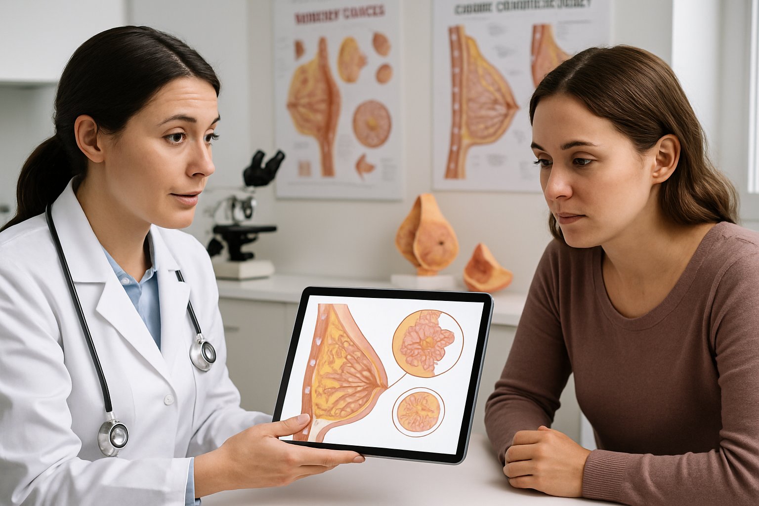 flat epithelial atypia - Preventive Medicine Daily A female doctor explains medical information to a concerned female patient in a clinic, using a tablet with anatomical illustrations.