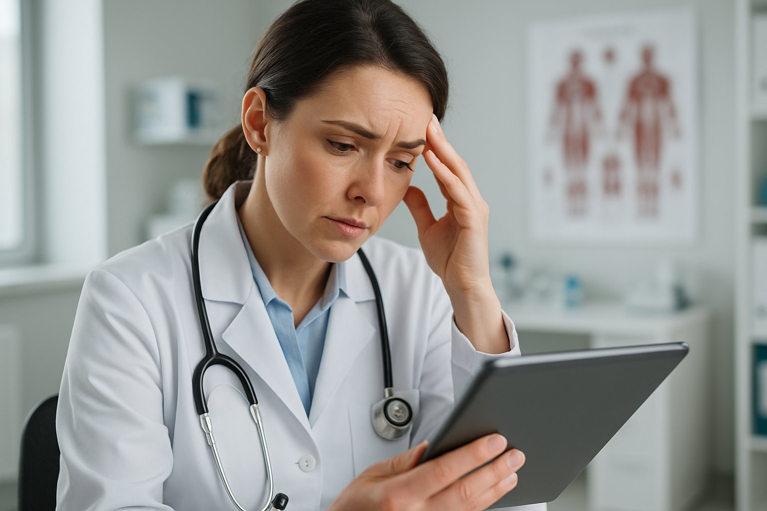 v2-1356ae-slqt9 - Preventive Medicine Daily A female doctor reviewing medical reports on a tablet in a modern clinic, appearing thoughtful and focused.