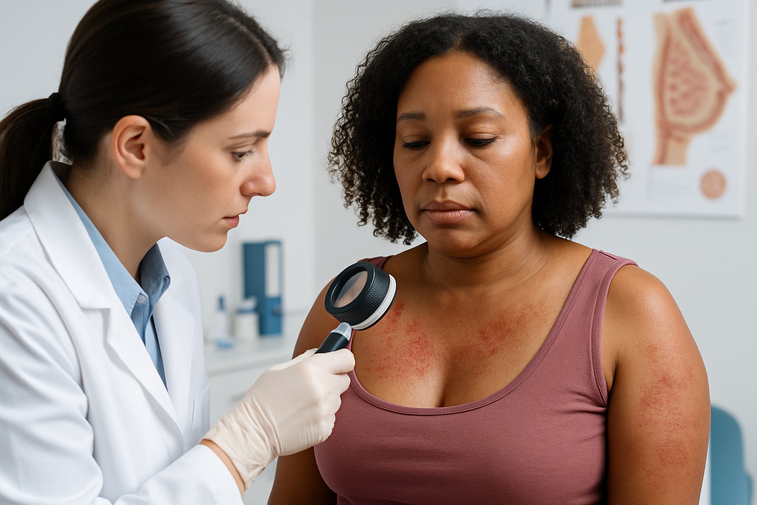 A healthcare professional examining a woman's chest and upper arm skin for symptoms in a medical office.