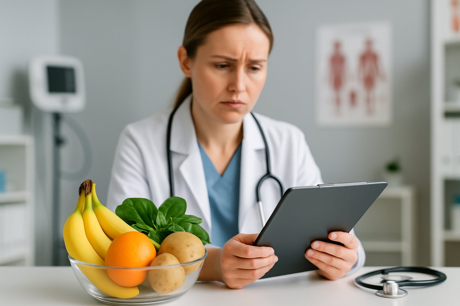 v2-1360g3-07lwt - Preventive Medicine Daily A healthcare professional reviewing blood test results in a medical office with a bowl of potassium-rich foods on the table.