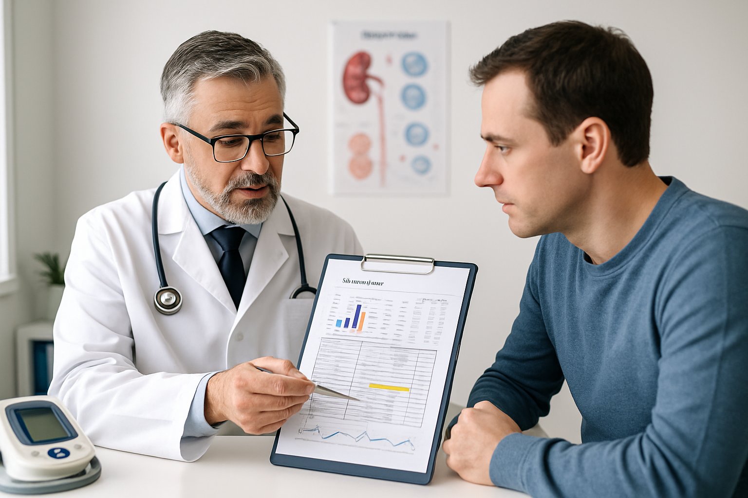 v2-1360jz-qr7dd - Preventive Medicine Daily A doctor explaining blood test results to a patient in a medical office.