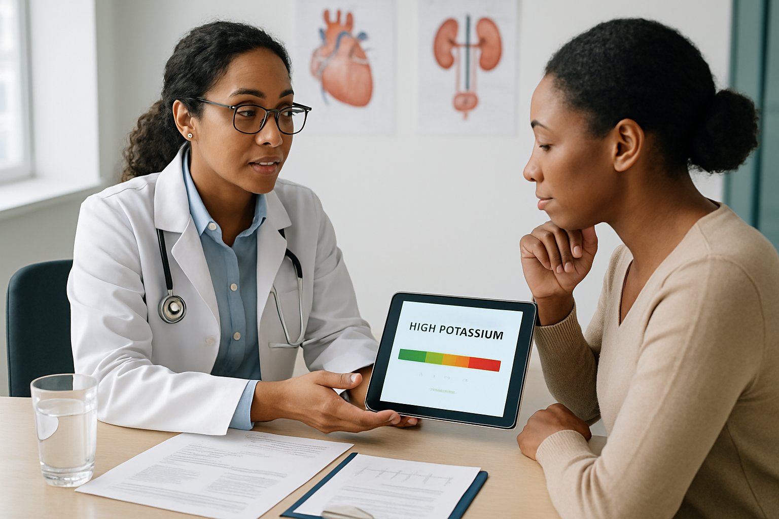 v2-1360ks-etows - Preventive Medicine Daily A doctor and patient discussing health information in a bright clinic room with medical charts and a tablet on the desk.