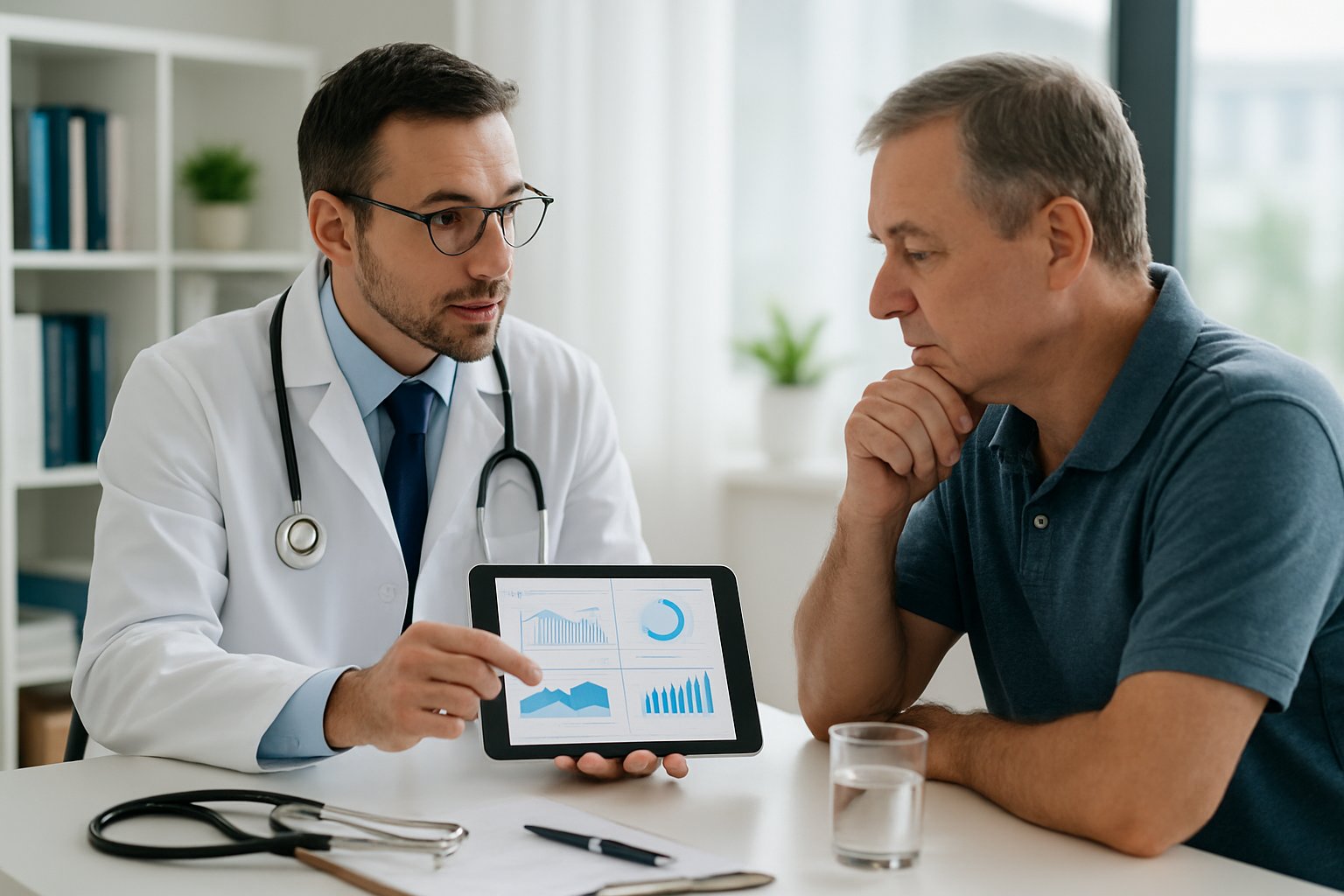 v2-1360ln-fqm3s - Preventive Medicine Daily A doctor consulting with a middle-aged patient in a medical office, showing a tablet with health information.