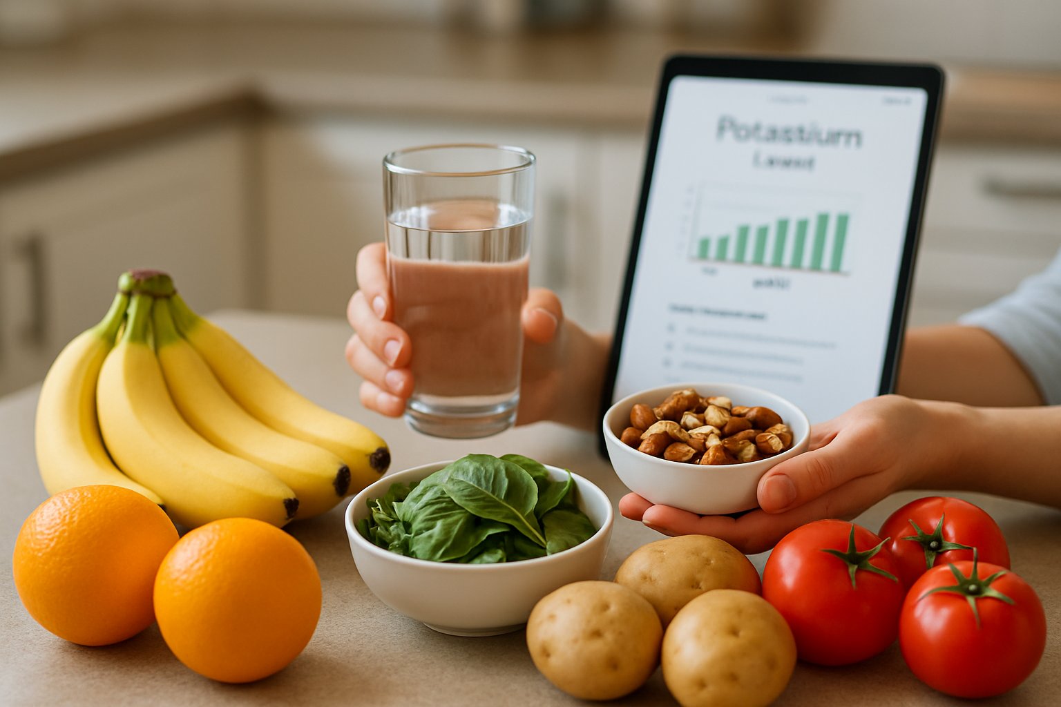 high potassium foods - Preventive Medicine Daily A kitchen countertop with fresh fruits and vegetables, a person holding a glass of water and a bowl of nuts, and a digital device showing health information in the background.