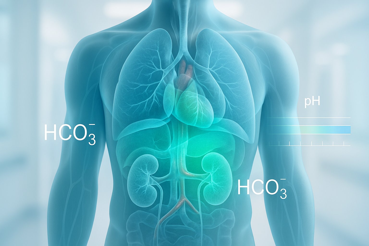 high bicarbonate levels - Preventive Medicine Daily A semi-transparent human torso showing internal organs with highlighted areas representing high bicarbonate levels and acid-base balance.