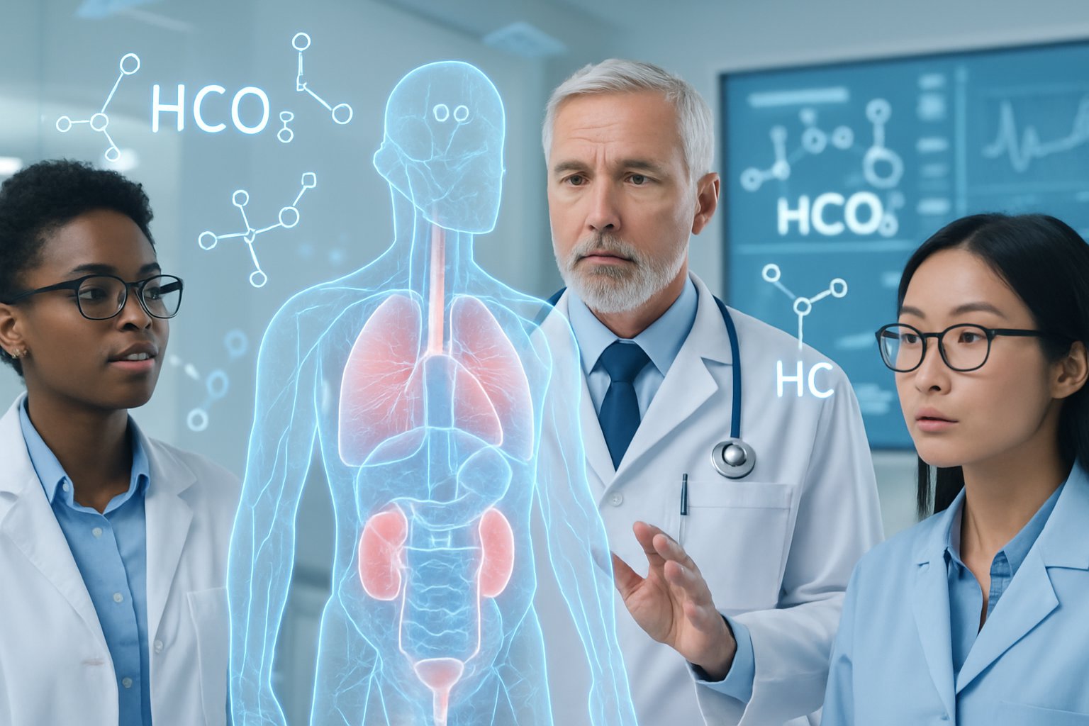 v2-1362a8-uf1bw - Preventive Medicine Daily Healthcare professionals examining a 3D holographic model of a human torso with highlighted organs and chemical symbols in a bright clinical laboratory.