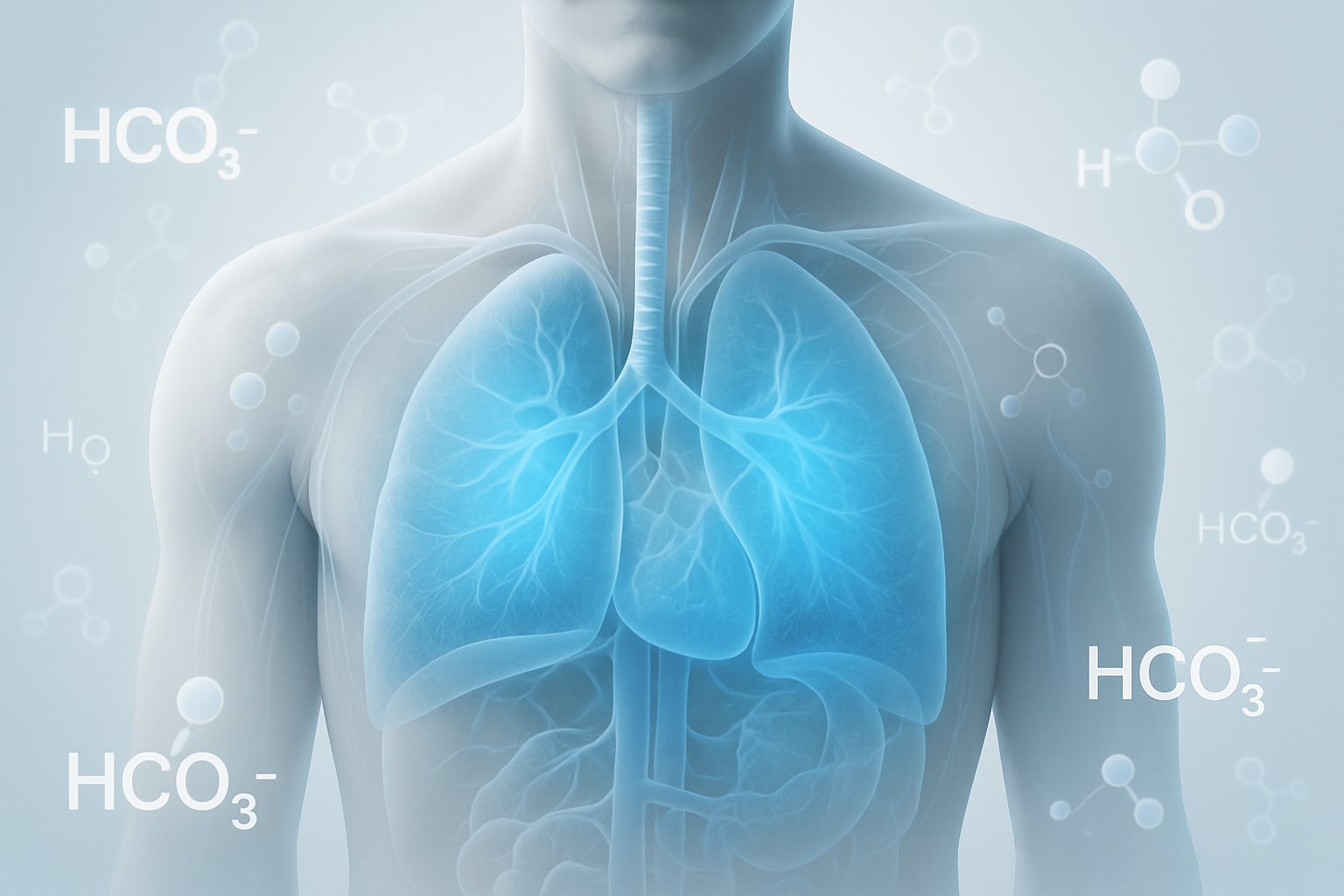 v2-1362bv-7bgu8 - Preventive Medicine Daily A semi-transparent human torso highlighting the lungs and bloodstream with blue glowing areas and floating bicarbonate molecules around it.
