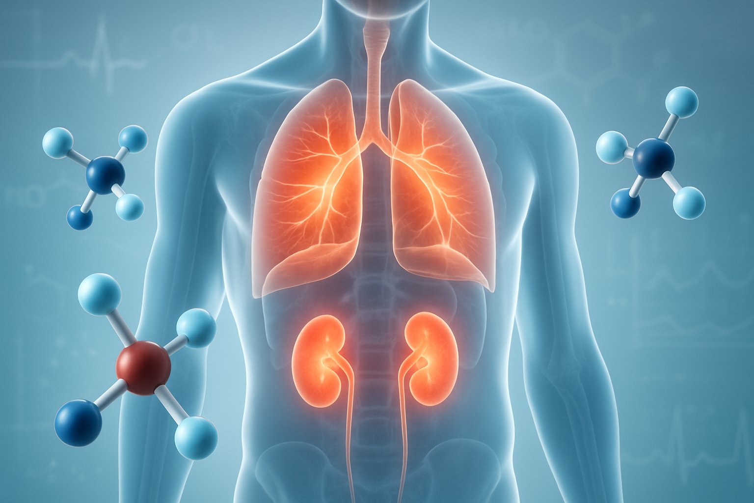 v2-1362cq-zmo2r - Preventive Medicine Daily Transparent human torso with glowing lungs and kidneys surrounded by floating molecular structures representing bicarbonate ions against a background of abstract medical symbols.