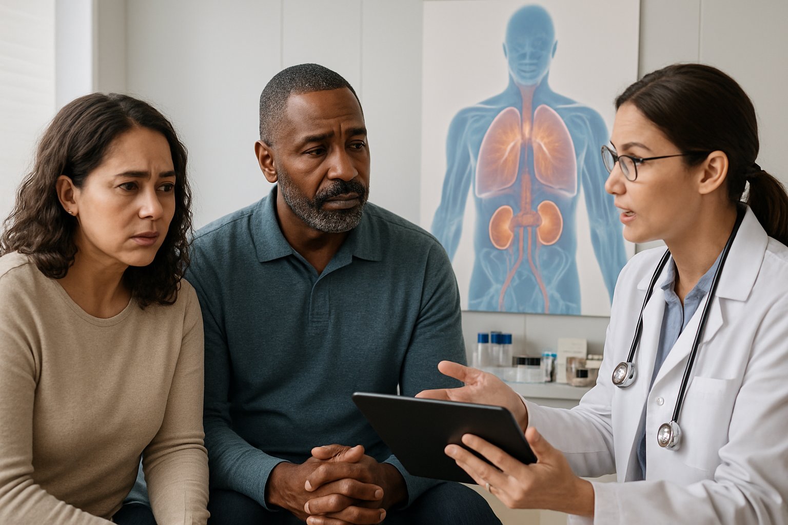 v2-1362di-lvhn7 - Preventive Medicine Daily A doctor explains health information to two patients in a medical examination room with an anatomical chart in the background.