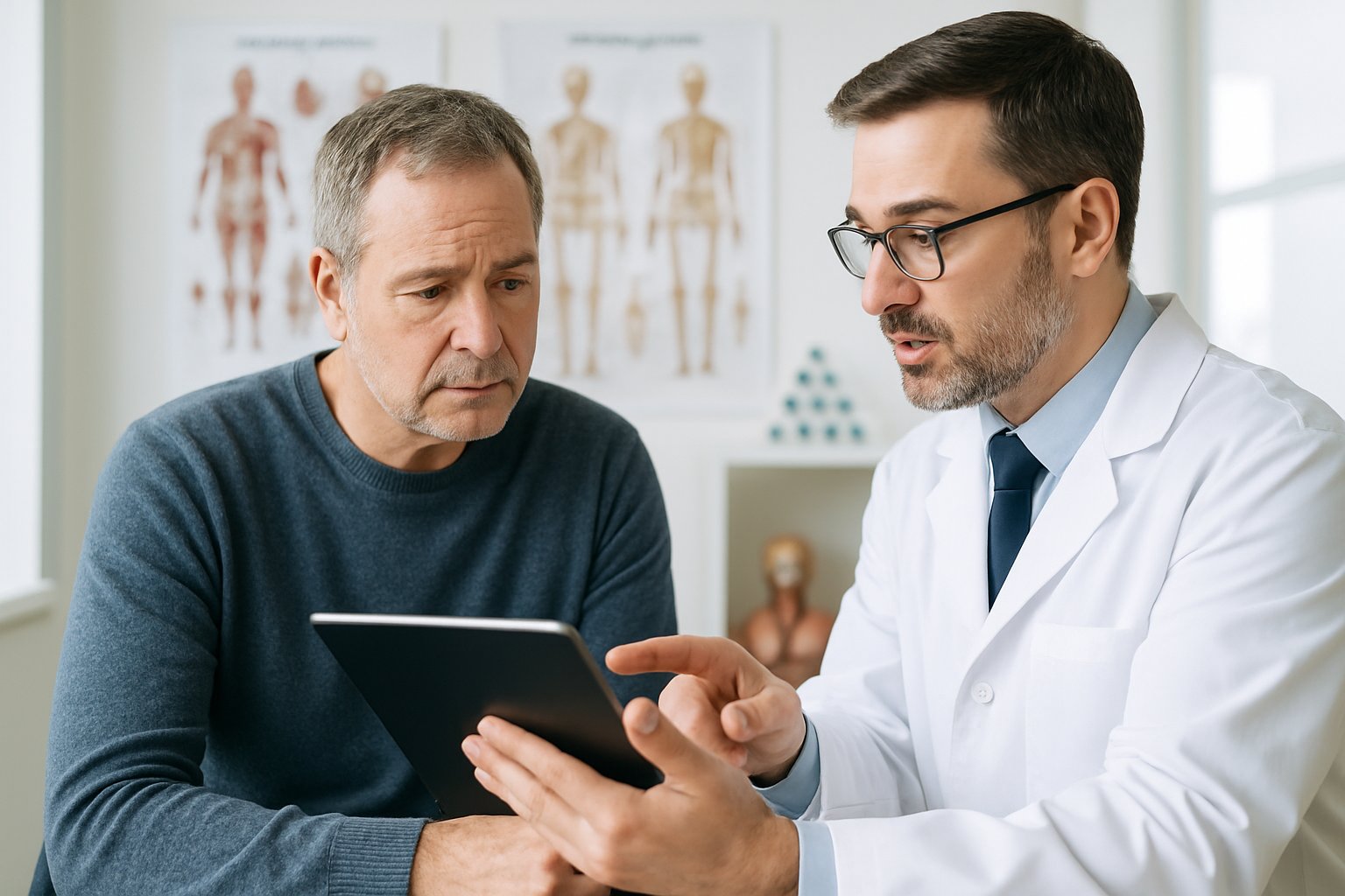 v2-1362gb-e6gj2 - Preventive Medicine Daily A man in a medical office listens to a doctor explaining health information using a tablet.