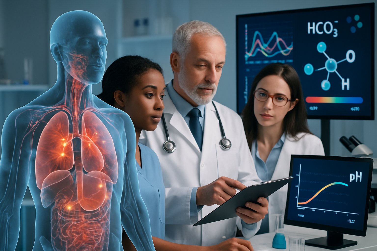 v2-1363td-il4ex - Preventive Medicine Daily Healthcare professionals examining a 3D human torso model with medical monitors and laboratory equipment in the background.
