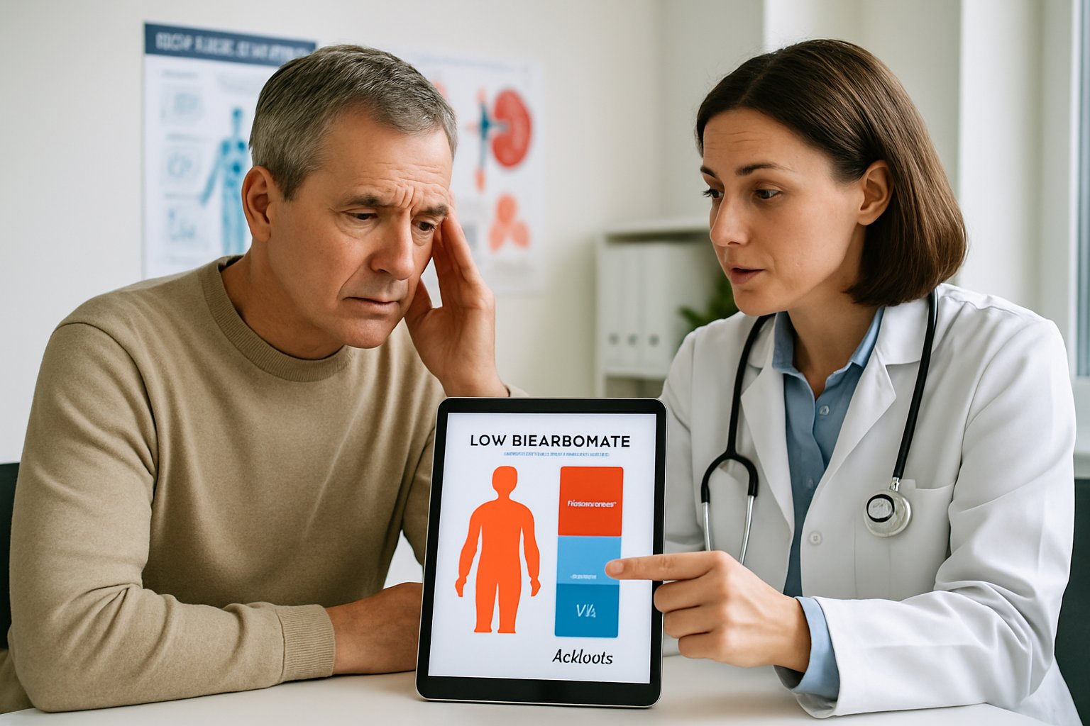 v2-1363ua-911sc - Preventive Medicine Daily A person consulting a doctor in a medical office, discussing health information related to bicarbonate levels.
