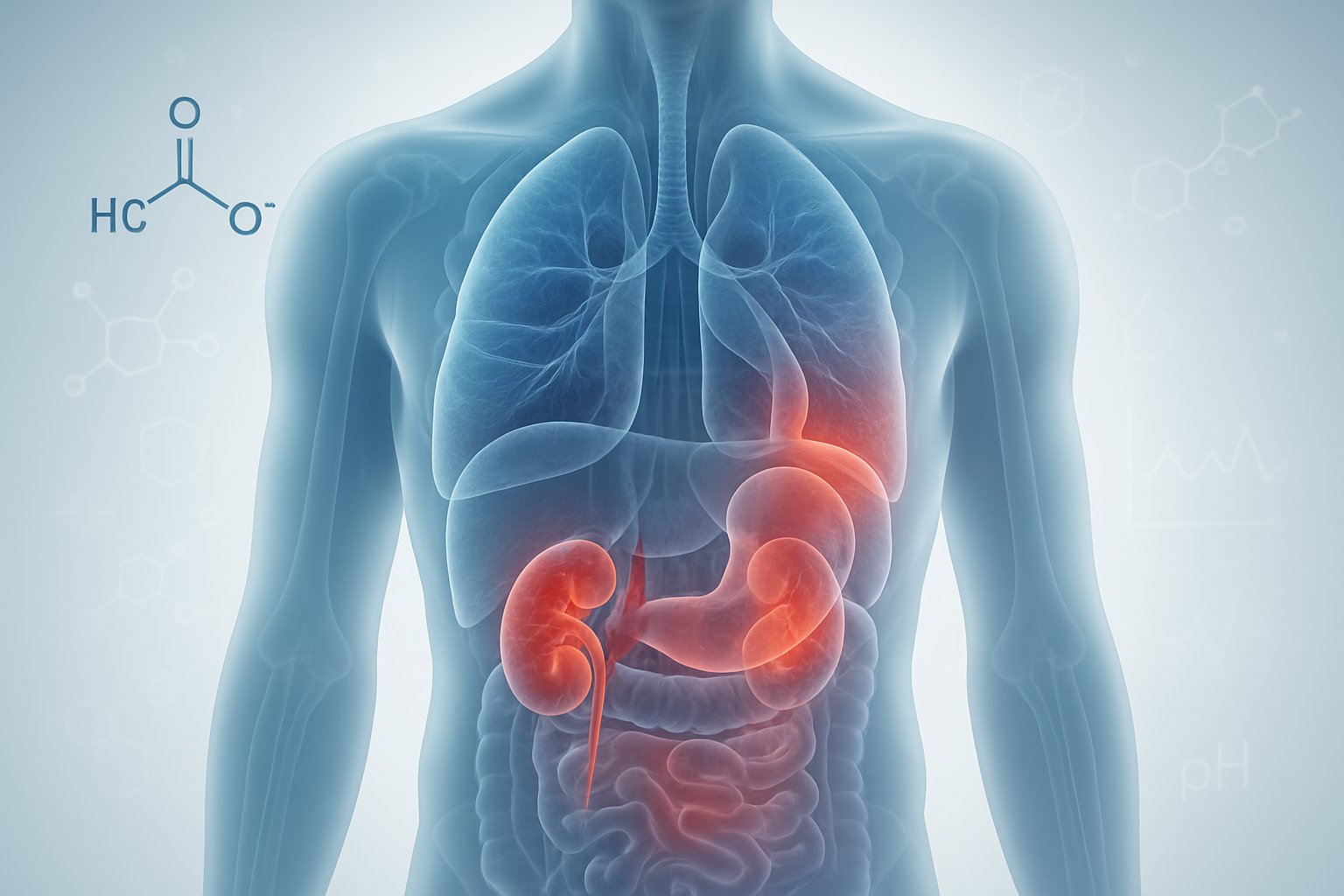 v2-1363uy-tdcod - Preventive Medicine Daily A semi-transparent human torso showing internal organs with highlighted areas indicating effects of low bicarbonate in the body, surrounded by molecular structures and medical symbols.
