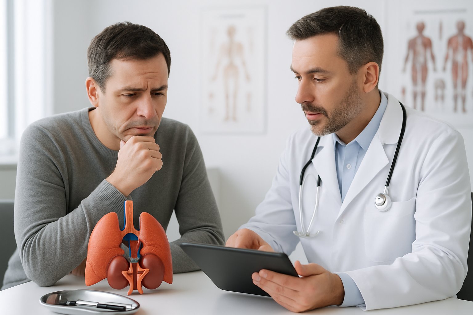 v2-1363vw-dhujh - Preventive Medicine Daily A patient consulting with a doctor in a medical office, with anatomical models and charts visible in the background.
