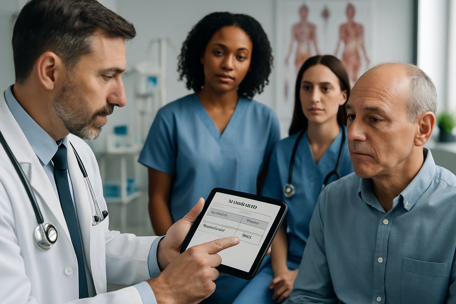 v2-1363wn-lglsh - Preventive Medicine Daily Healthcare professionals reviewing lab results and discussing diagnosis with a patient in a clinical setting.