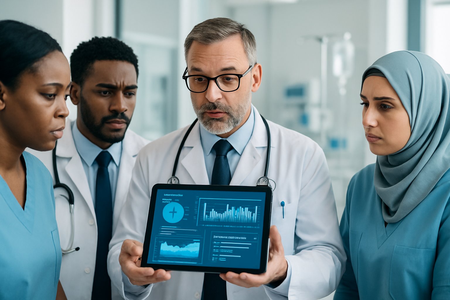 low bicarbonate - Preventive Medicine Daily Healthcare professionals discussing medical data in a hospital setting with a digital tablet showing blood chemistry charts.