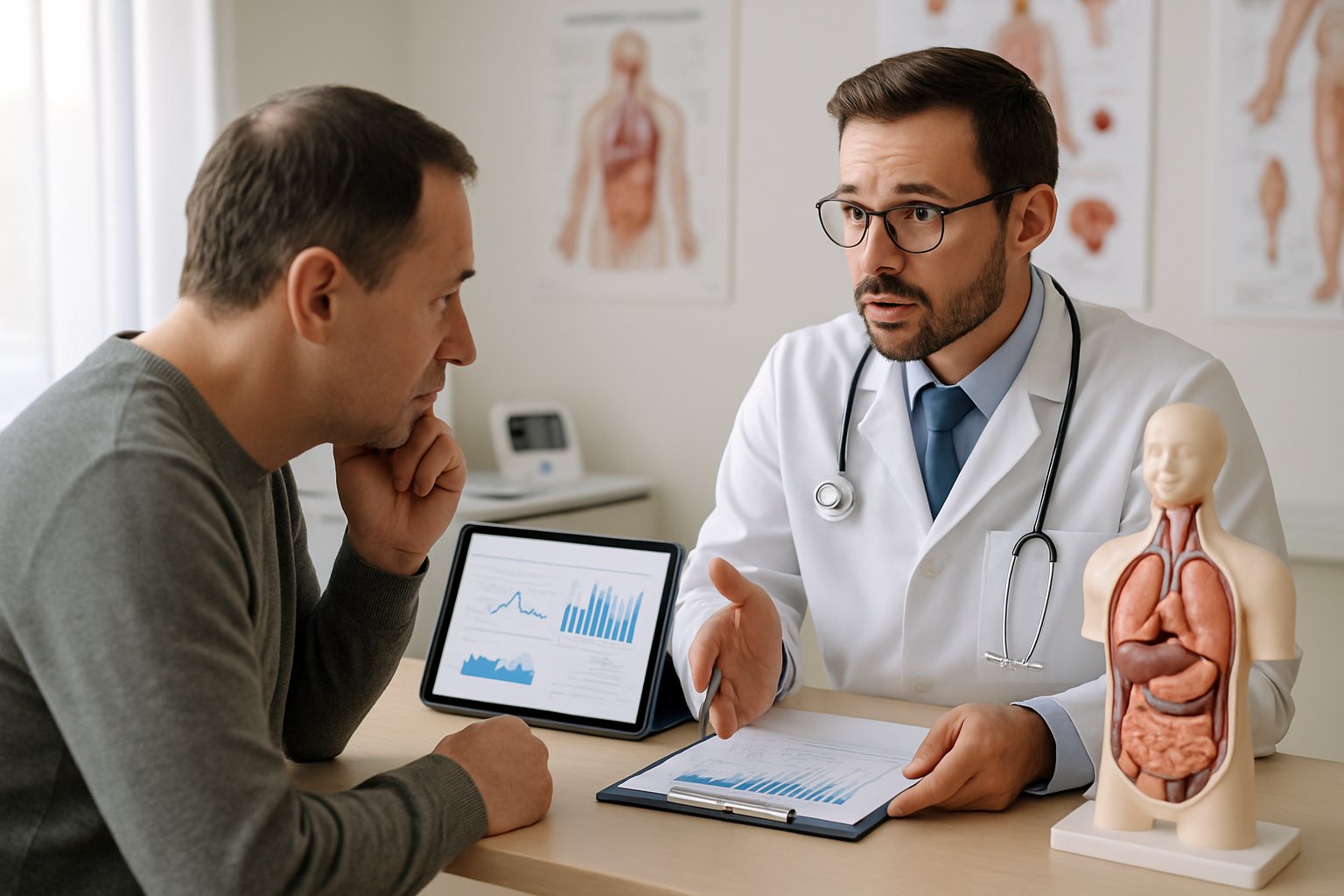 v2-1363y6-flx2d - Preventive Medicine Daily Doctor consulting with a patient in a medical office, discussing health information with medical charts and equipment visible.