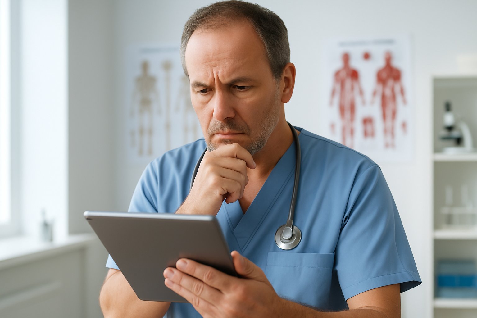 v2-1363yy-k9z4t - Preventive Medicine Daily A healthcare professional reviewing medical data on a tablet in a clinical setting.