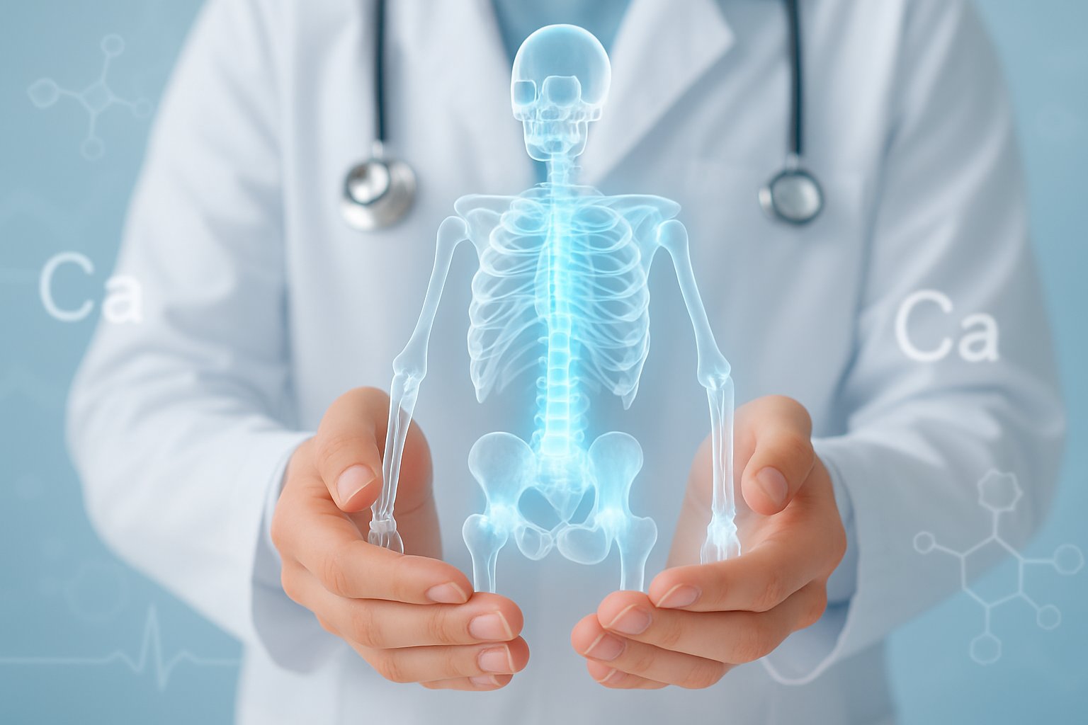 v2-1364rt-jj4xt - Preventive Medicine Daily Close-up of hands holding a transparent human skeleton model with highlighted bones and scientific symbols in the background representing calcium's role in the body.