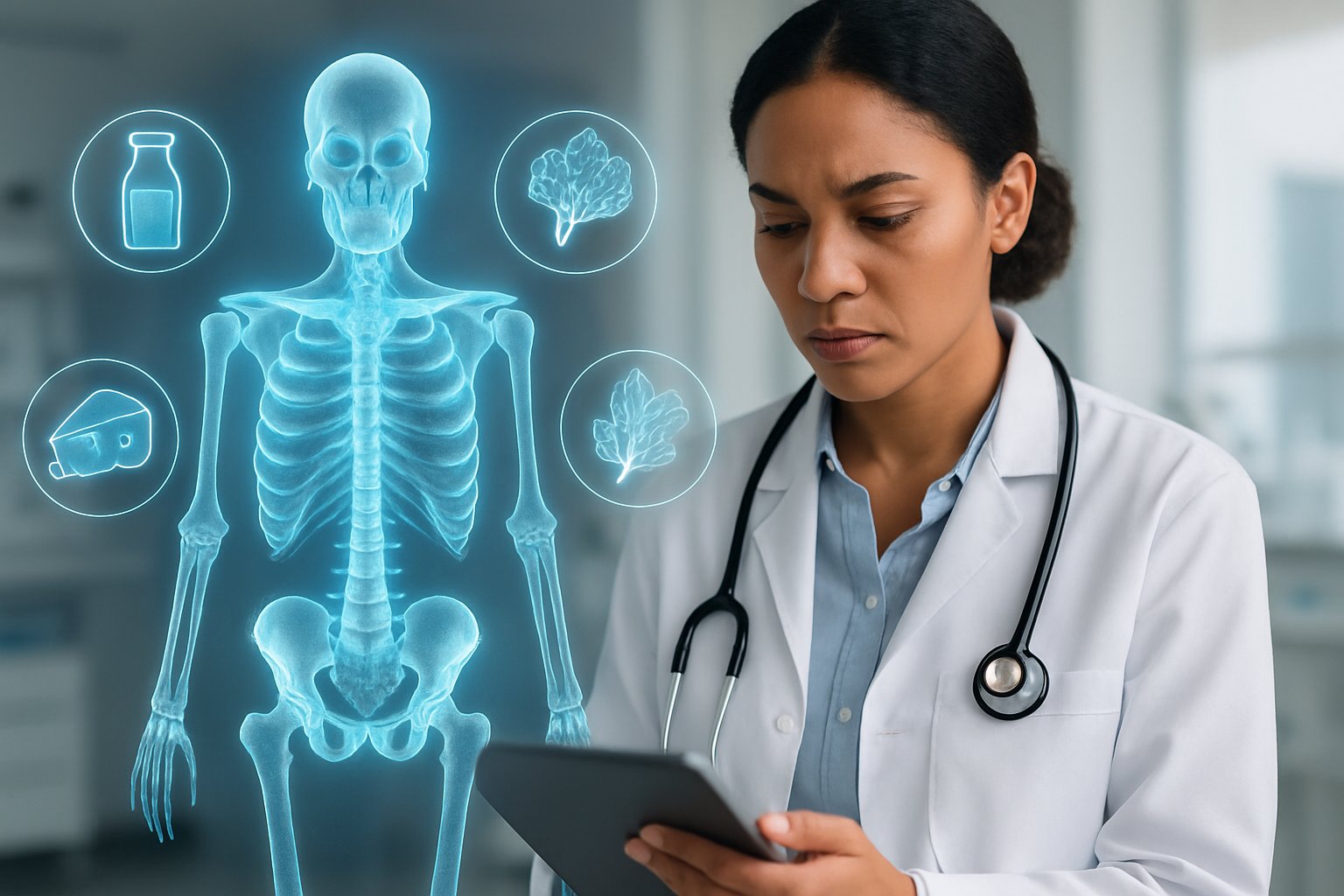 v2-1364so-r737i - Preventive Medicine Daily A healthcare professional reviewing medical information next to a glowing 3D skeleton highlighting bones, with icons of calcium-rich foods floating nearby in a clinical setting.