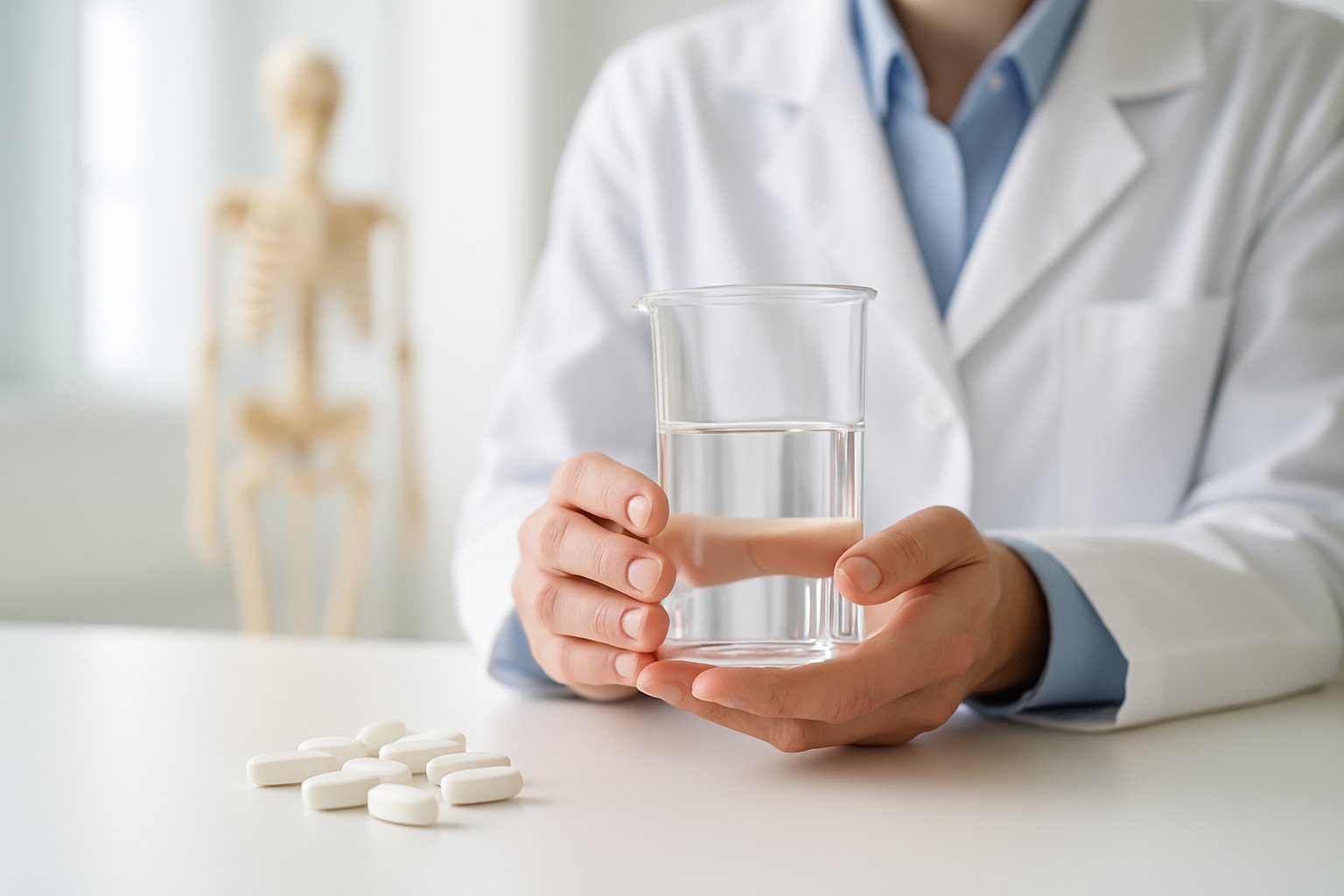 v2-1364te-cv44d - Preventive Medicine Daily Close-up of a medical professional holding a glass beaker with calcium tablets on a white surface and a blurred human skeleton model in the background.