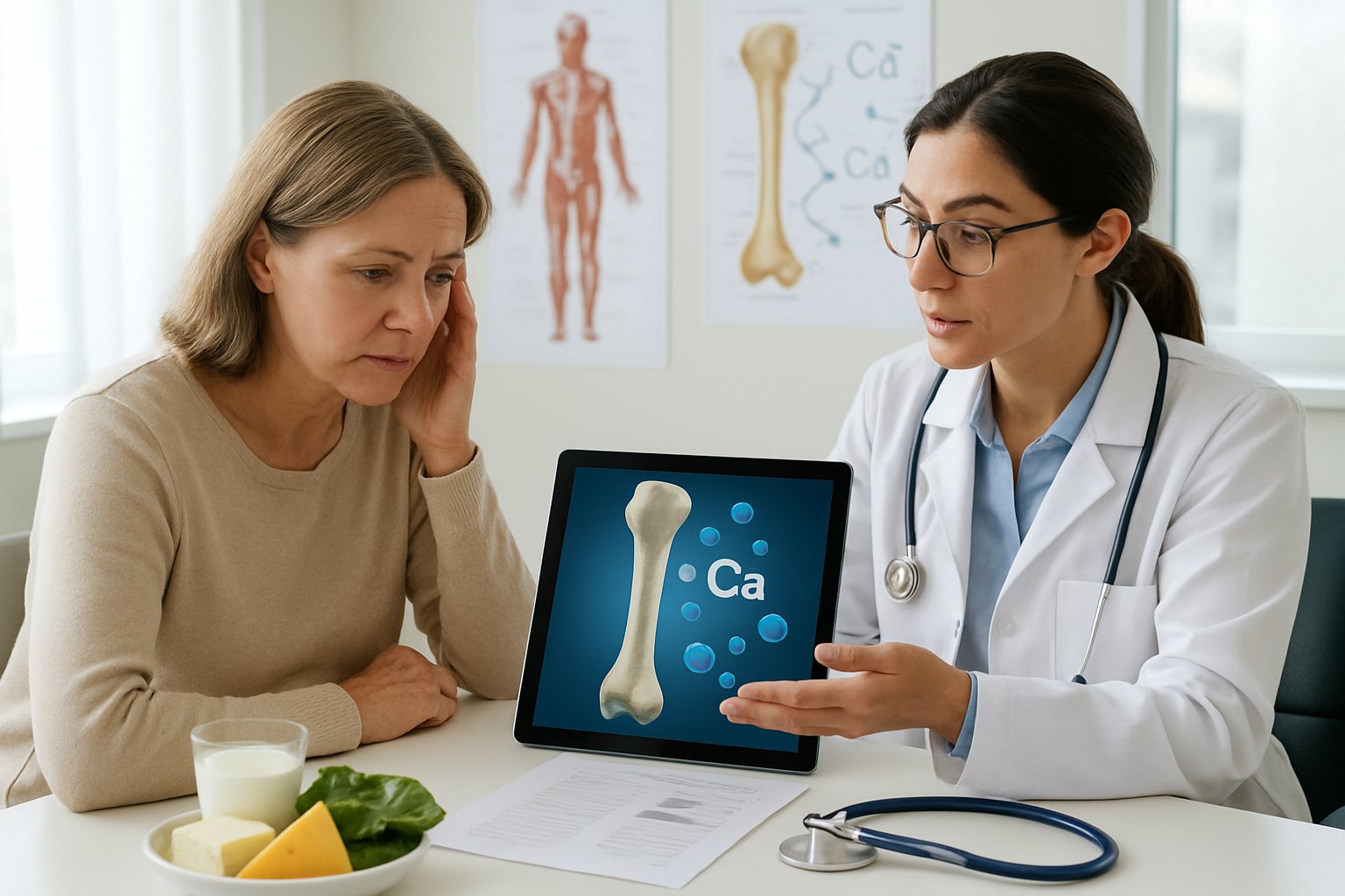 v2-1364u4-3wj3v - Preventive Medicine Daily A woman consulting with a doctor in a medical office, discussing bone health with a tablet showing a 3D bone model and calcium molecules.