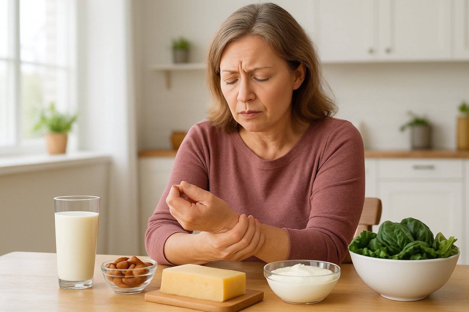 calcium deficiency - Preventive Medicine Daily A middle-aged woman sitting at a kitchen table, holding her wrist with a concerned expression, with calcium-rich foods on the table.