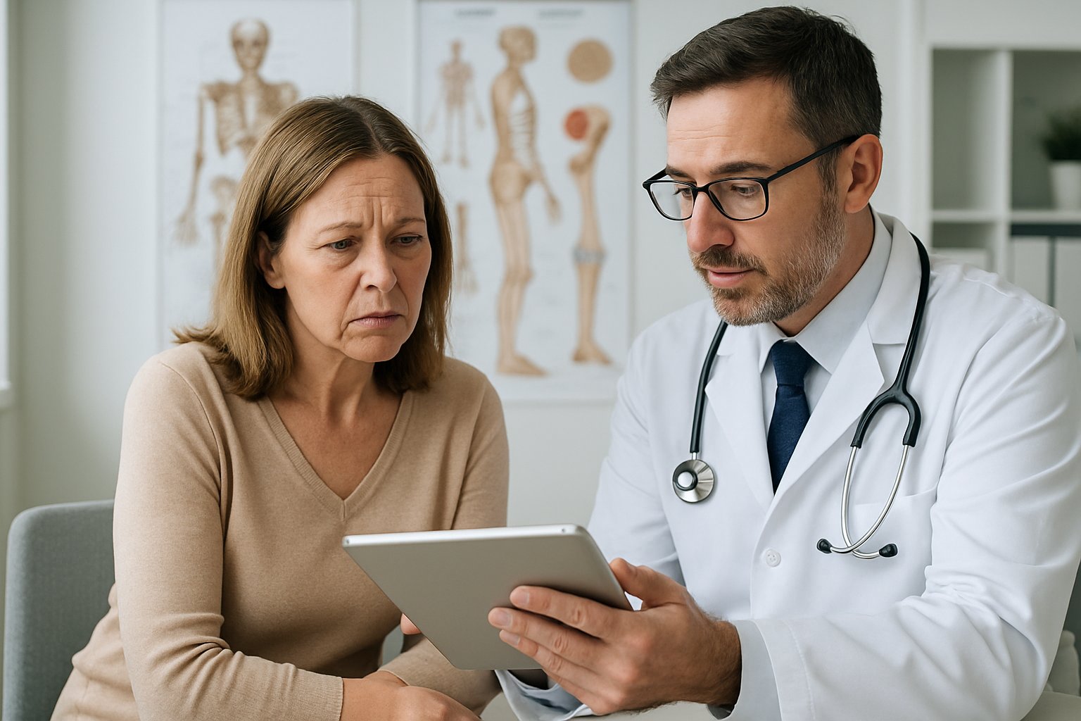v2-1364vw-lmjd6 - Preventive Medicine Daily A middle-aged woman listens attentively to a doctor in a medical office with anatomical charts in the background.