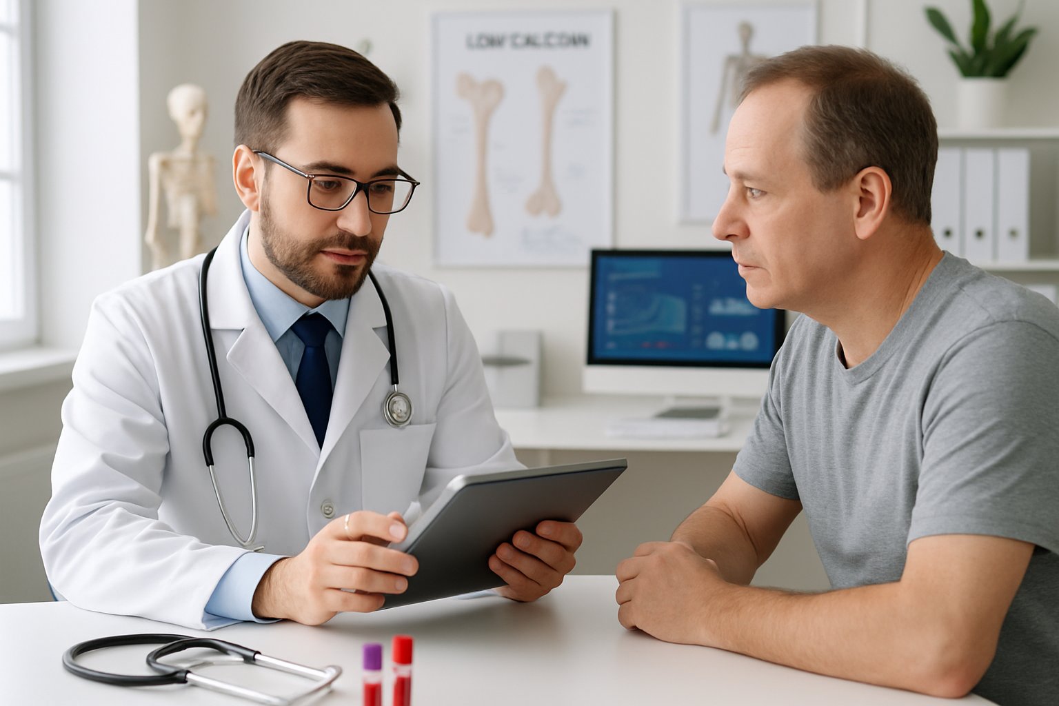 v2-1364wp-6yo85 - Preventive Medicine Daily Doctor consulting a patient in a medical office, reviewing test results related to calcium levels.