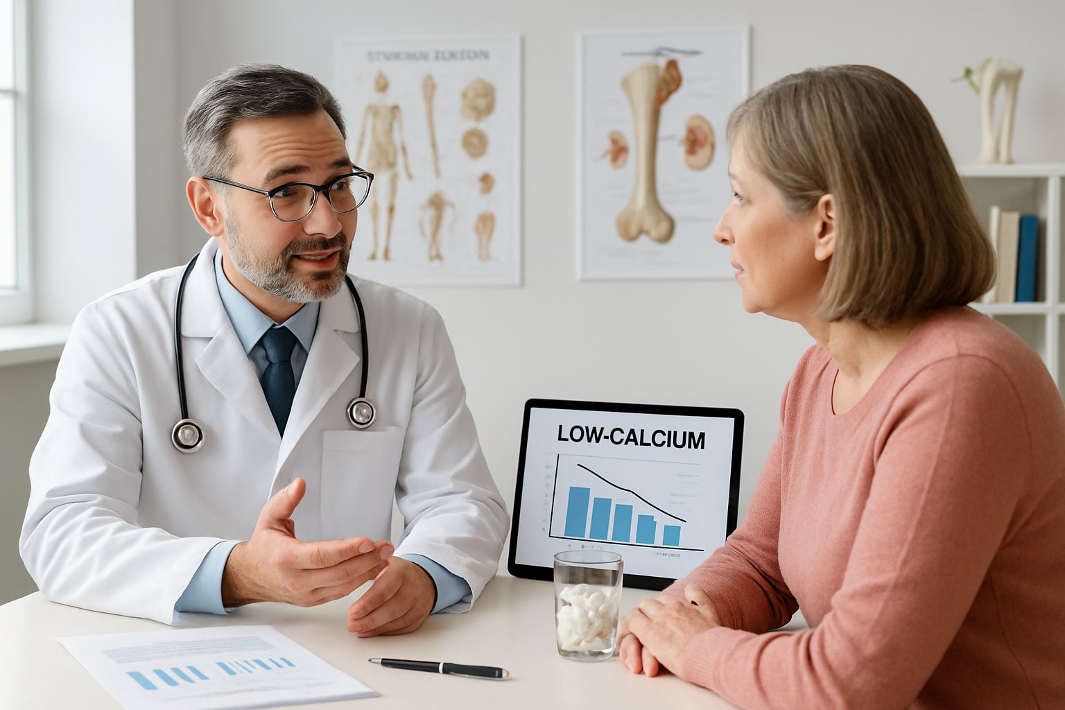 v2-1364xc-qh3qr - Preventive Medicine Daily A doctor consulting with a patient in a medical office, discussing calcium levels with charts and supplements on the desk.