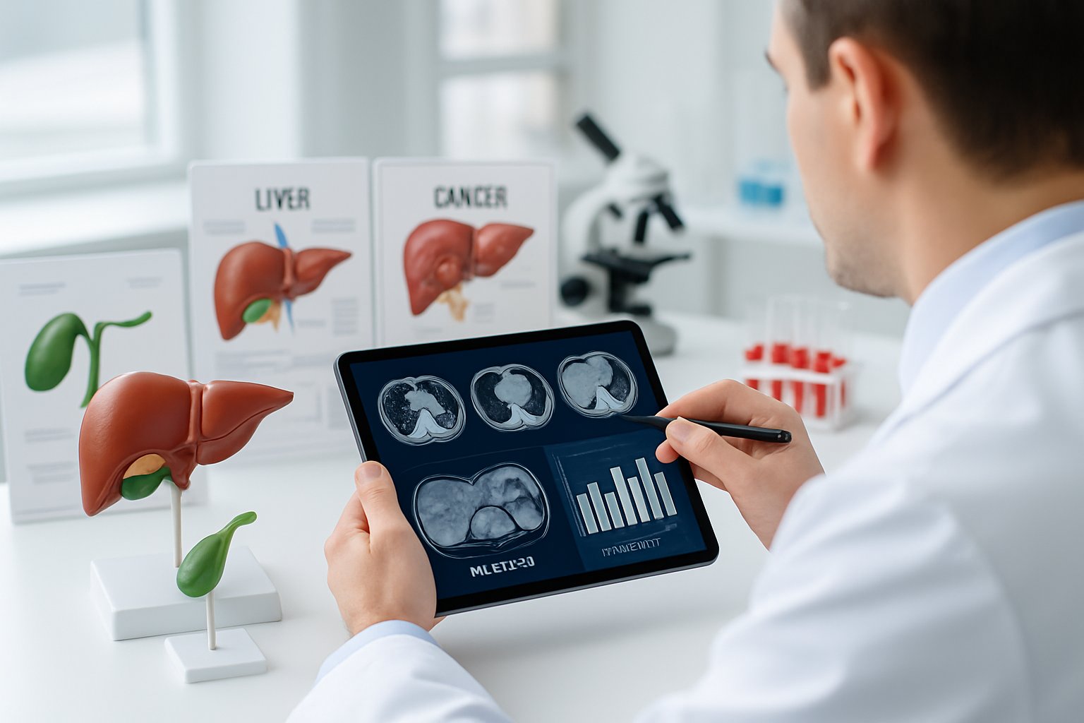 elevated bilirubin - Preventive Medicine Daily A doctor examining liver scans and blood test results in a clinical setting with anatomical liver models nearby.