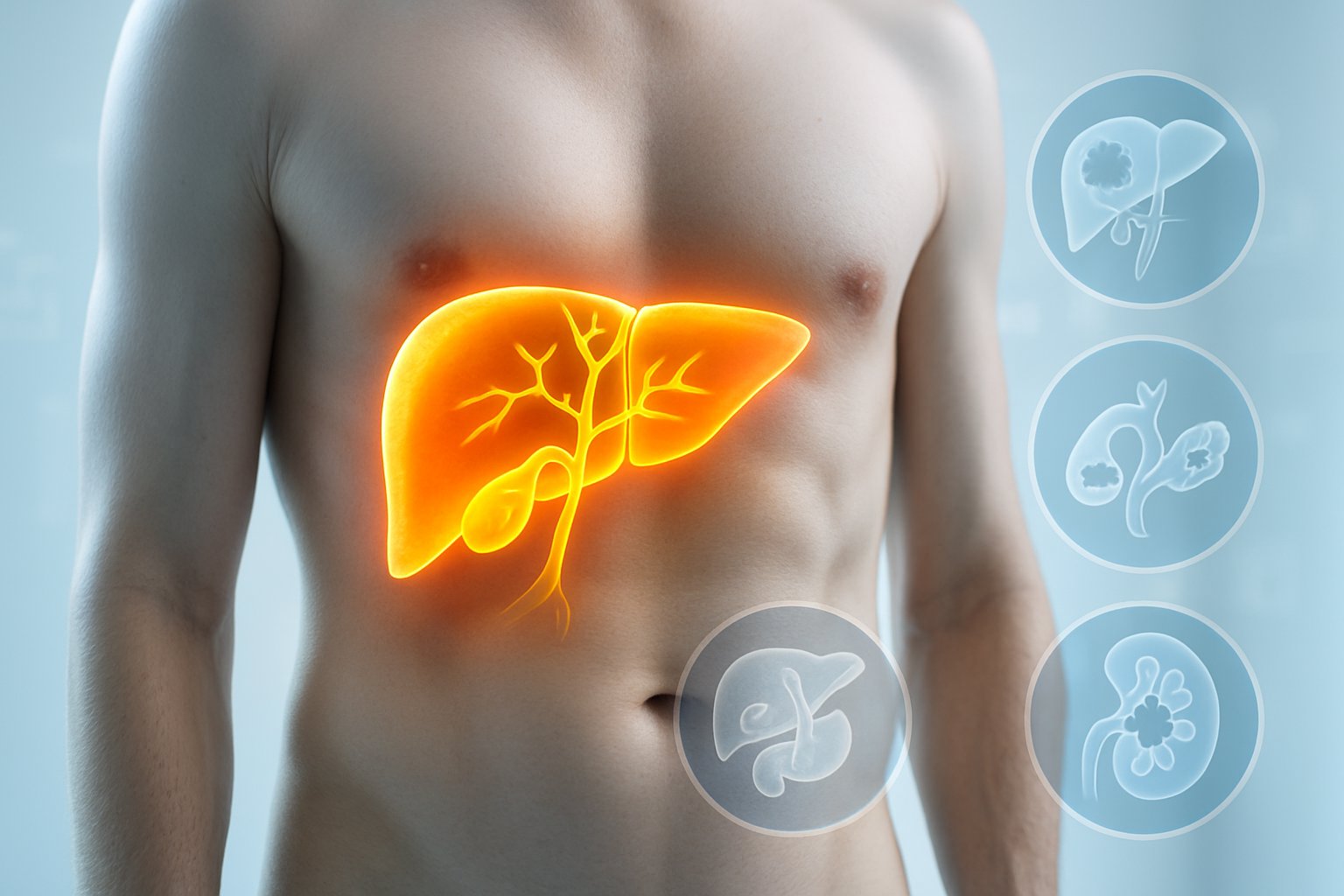 v2-13673l-pfzyl - Preventive Medicine Daily Close-up of a human torso with highlighted liver and bile ducts showing bilirubin accumulation, surrounded by subtle cancer-related medical icons.