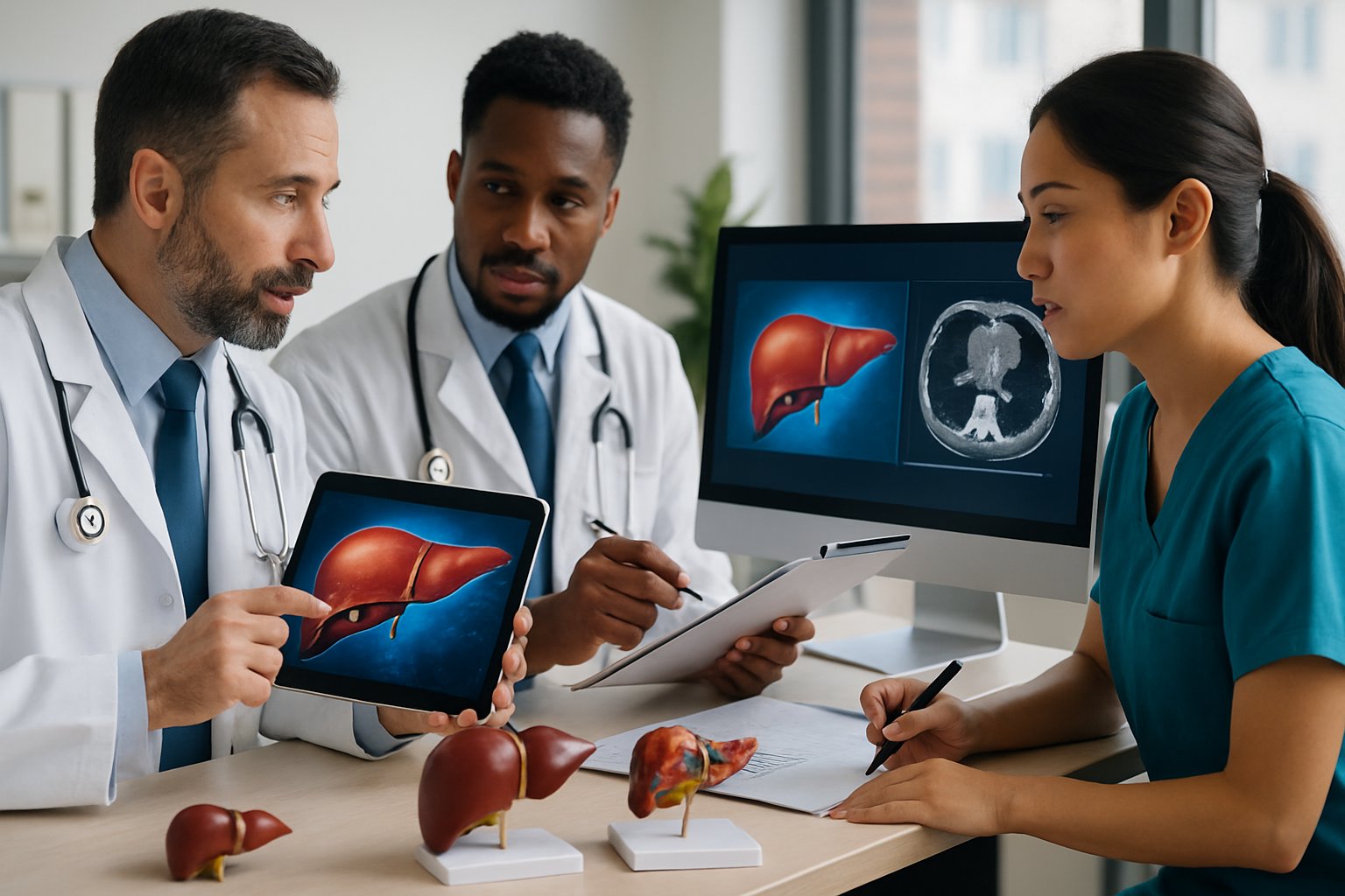 v2-13675g-ru4pv - Preventive Medicine Daily Medical professionals reviewing liver scans and patient charts in a modern clinic.