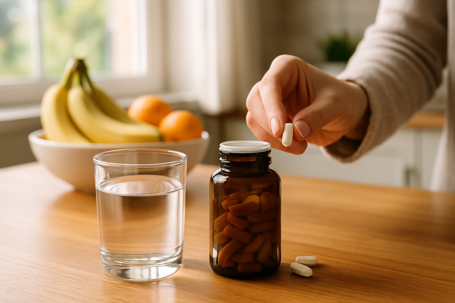 v2-1368h1-zqicm - Preventive Medicine Daily A hand reaching for a potassium supplement bottle and glass of water on a kitchen counter with fruit and morning sunlight in the background.