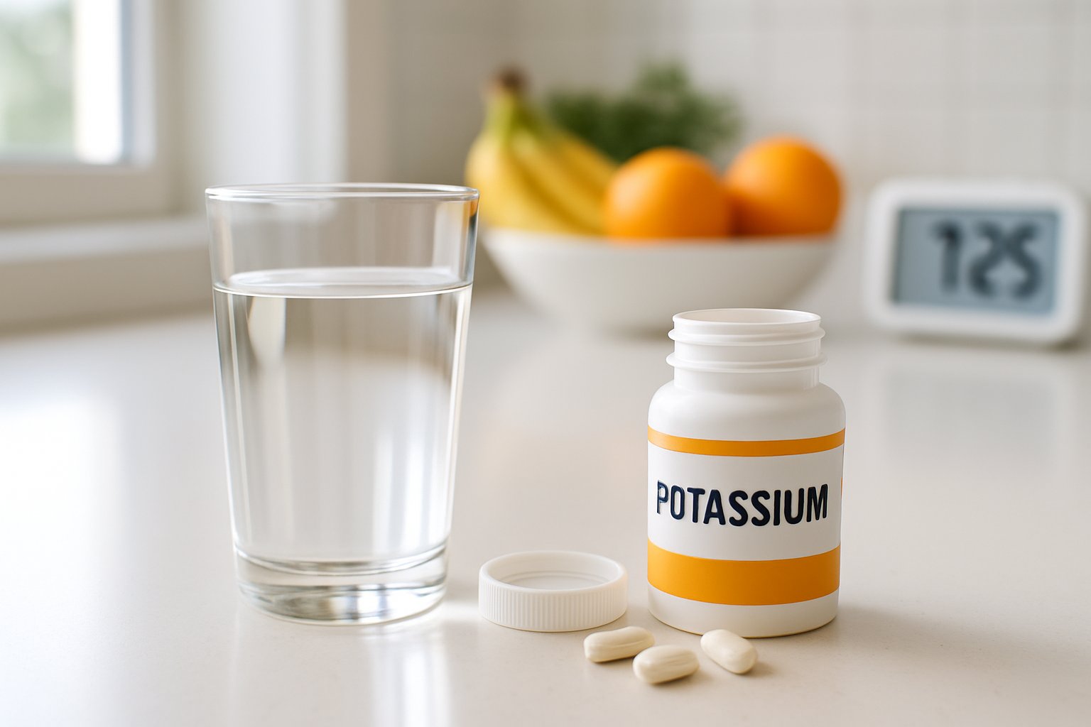 best time to take potassium - Preventive Medicine Daily A glass of water and an open bottle of potassium tablets on a kitchen countertop with fresh fruits and a clock in the background.