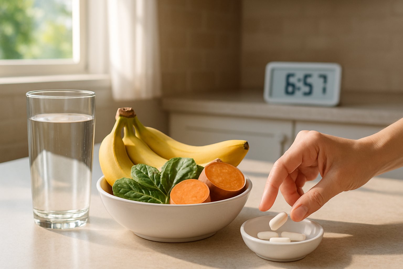 v2-1368ii-230z3 - Preventive Medicine Daily A personโs hand reaching for a potassium supplement pill next to a bowl of potassium-rich foods and a glass of water on a kitchen countertop with morning sunlight.