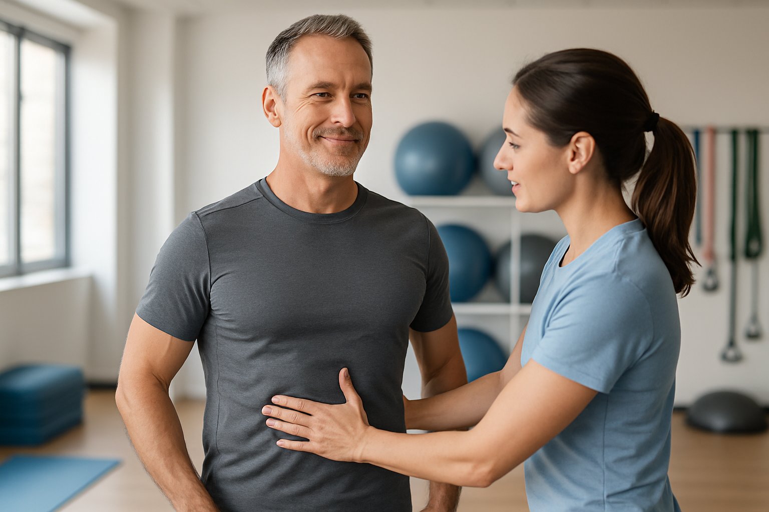 v2-1369il-urtnx - Preventive Medicine Daily A man receiving guidance from a female fitness coach in a gym, focusing on abdominal exercises.