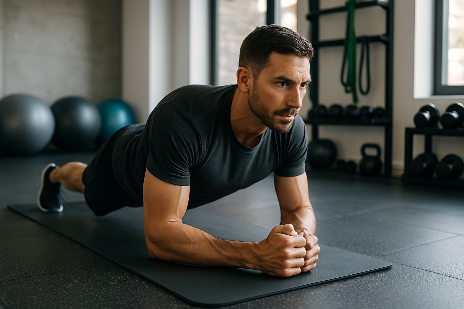 fix diastasis recti in men - Preventive Medicine Daily A fit man exercising on a yoga mat in a gym, performing core strengthening exercises.