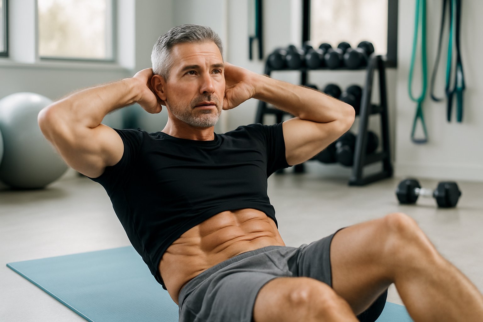 v2-1369la-9ziuq - Preventive Medicine Daily A middle-aged man exercising his core muscles in a gym surrounded by fitness equipment.