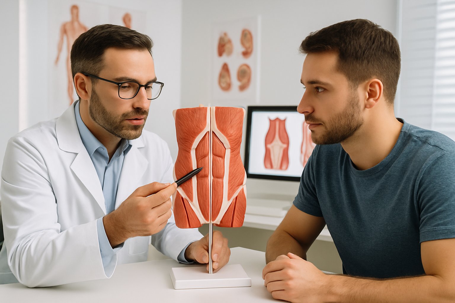 v2-136a3o-3bljw - Preventive Medicine Daily A male doctor explains abdominal muscle anatomy to a male patient using a model in a medical office.