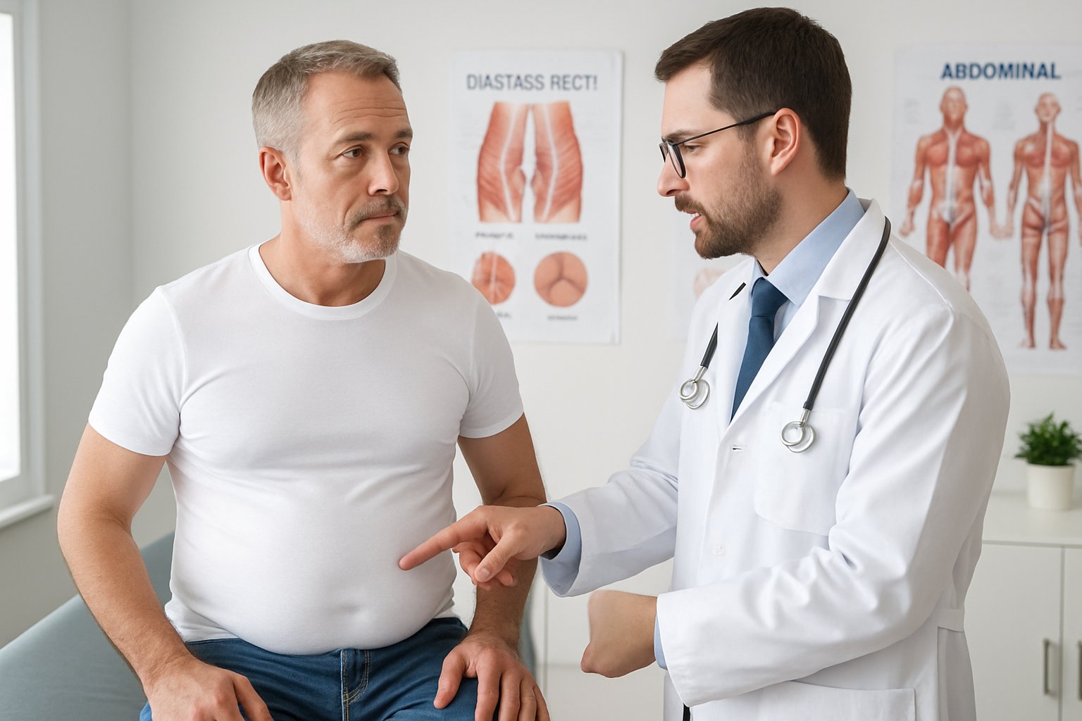 v2-136a48-qgzo5 - Preventive Medicine Daily A middle-aged man in a white t-shirt sits on an examination table while a doctor points to his abdomen during a medical consultation.