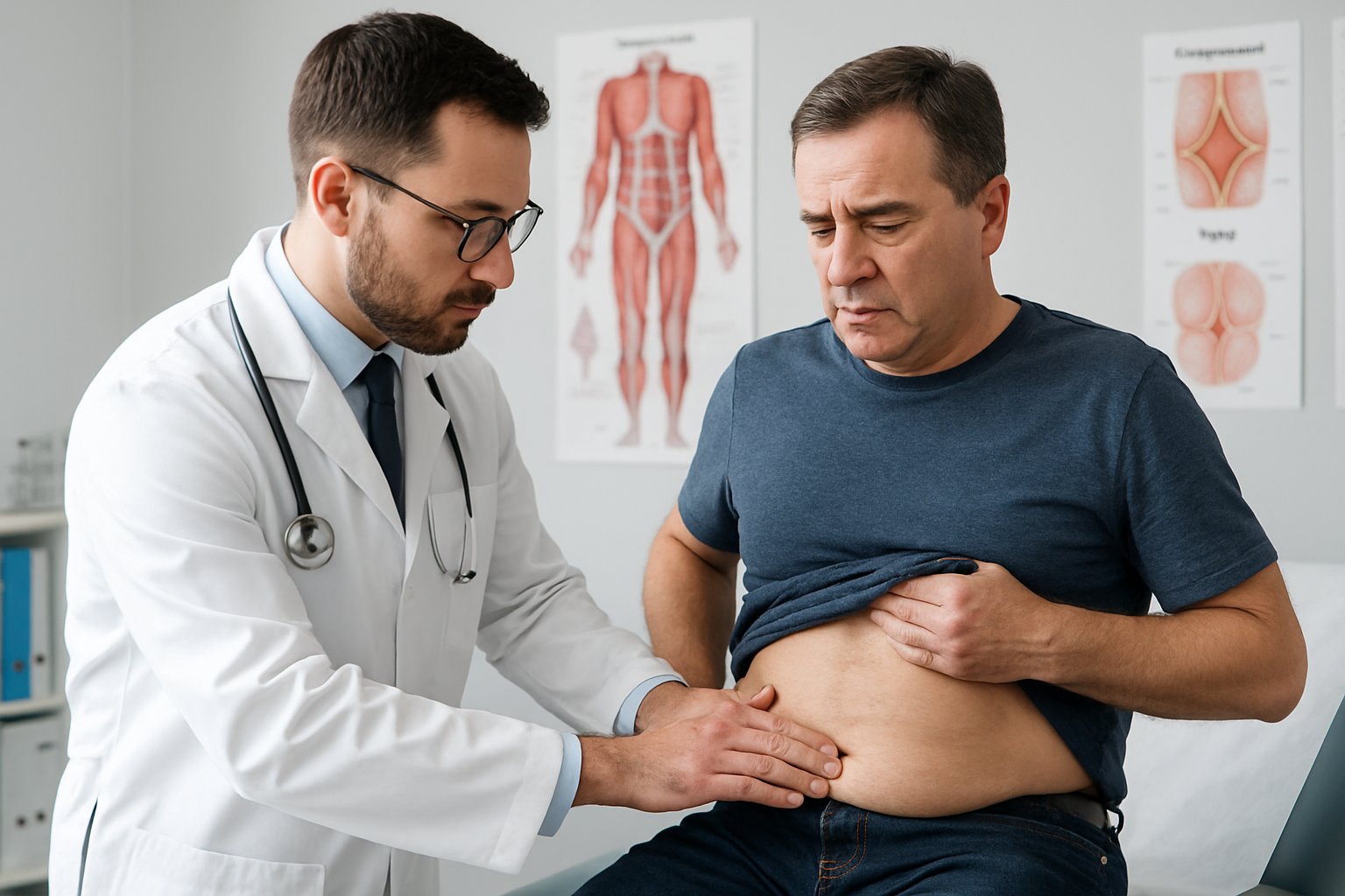 diastasis recti is not a hernia - Preventive Medicine Daily Male doctor examining the abdomen of a middle-aged male patient in a medical office.