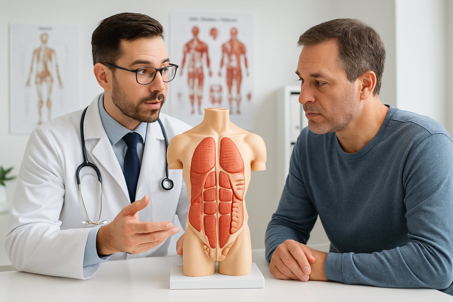 v2-136a6h-v8izr - Preventive Medicine Daily A male doctor explaining abdominal anatomy to a middle-aged male patient using a torso model in a medical office.